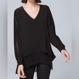White House Black Market Lace-Inset Tunic Long Sleeve Blouse Black Size XS